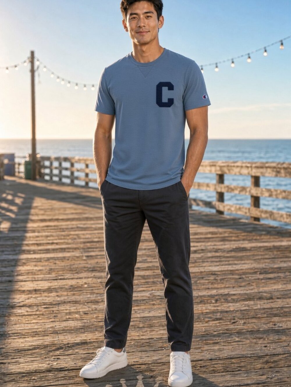 Champion Men Blue Reverse Weave Short Sleeve Crew C Logo Tee Casual Sports US XS